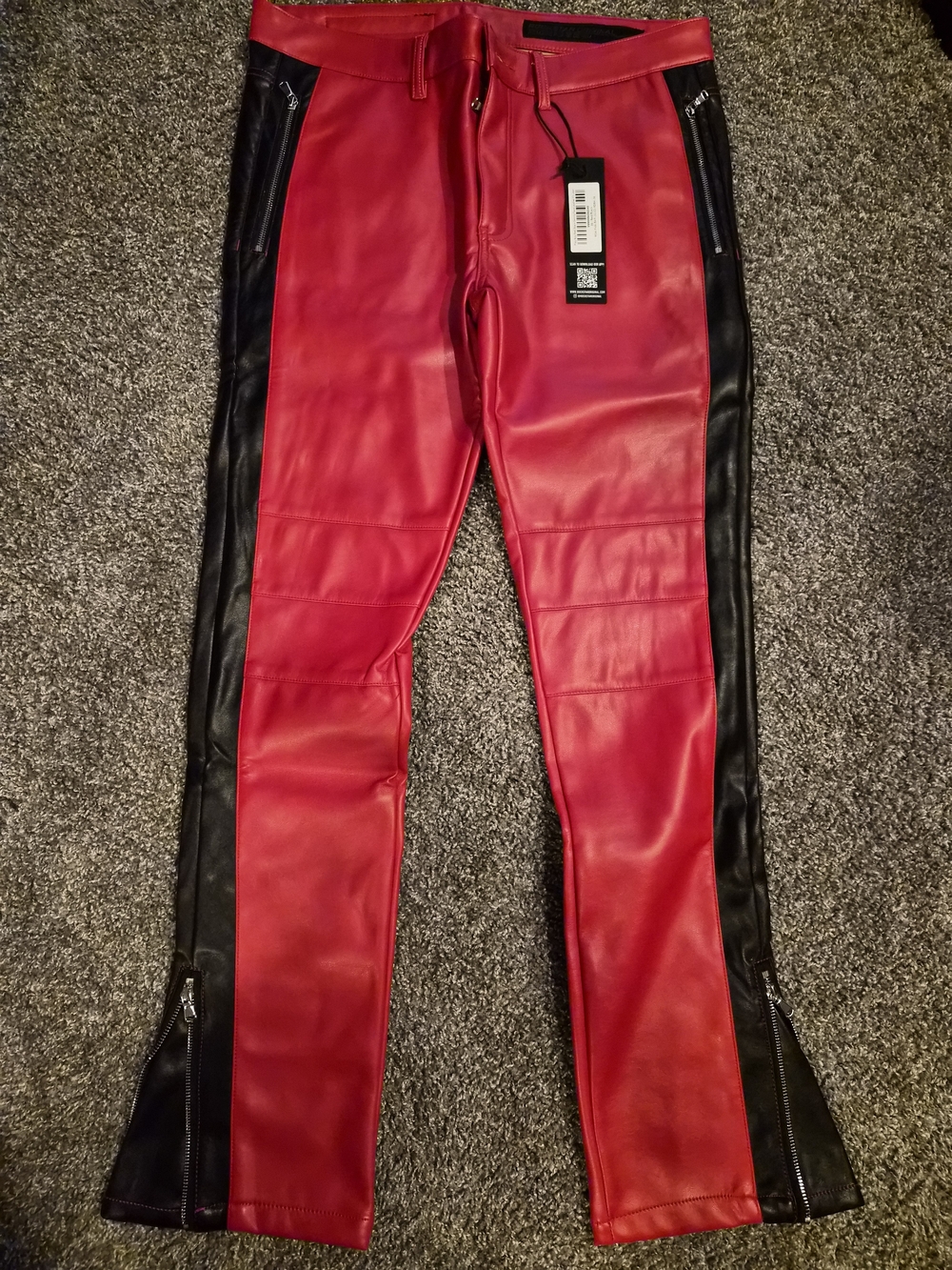 Men's Slim Straight Red Moto-Style Jeans with Black Side Panels
